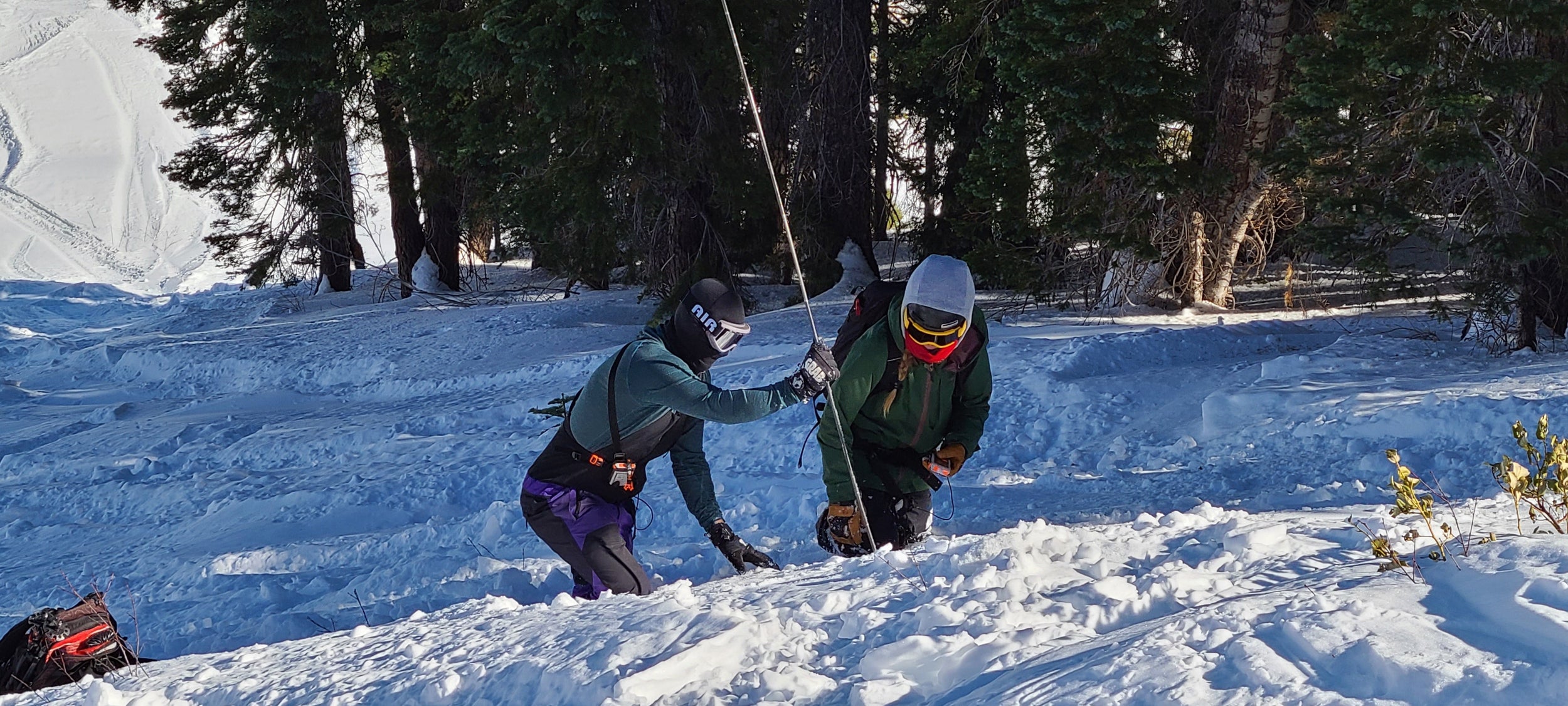Rescuers probing after a transceiver search during the Blackbird Lift Accessed AIARE Avalanche Rescue Course