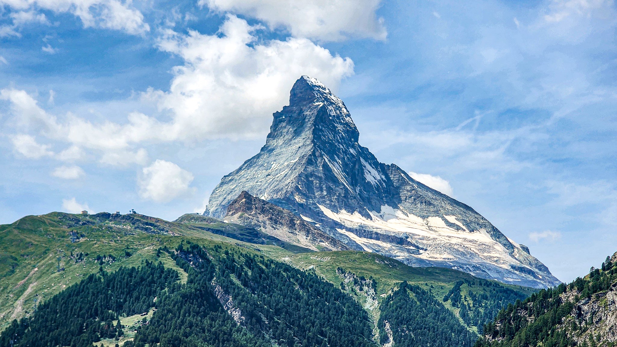 The Hornli Ridge of the Matterhorn above the town of Zermatt