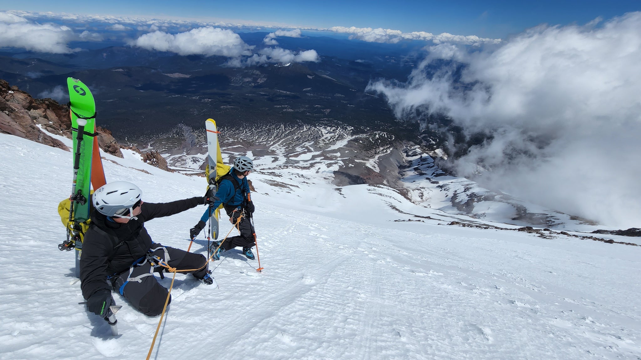 Taking a break after dealing with breakable crust on the climb and summit of Mount Shasta by the Hotlum Wintun Glacier route.