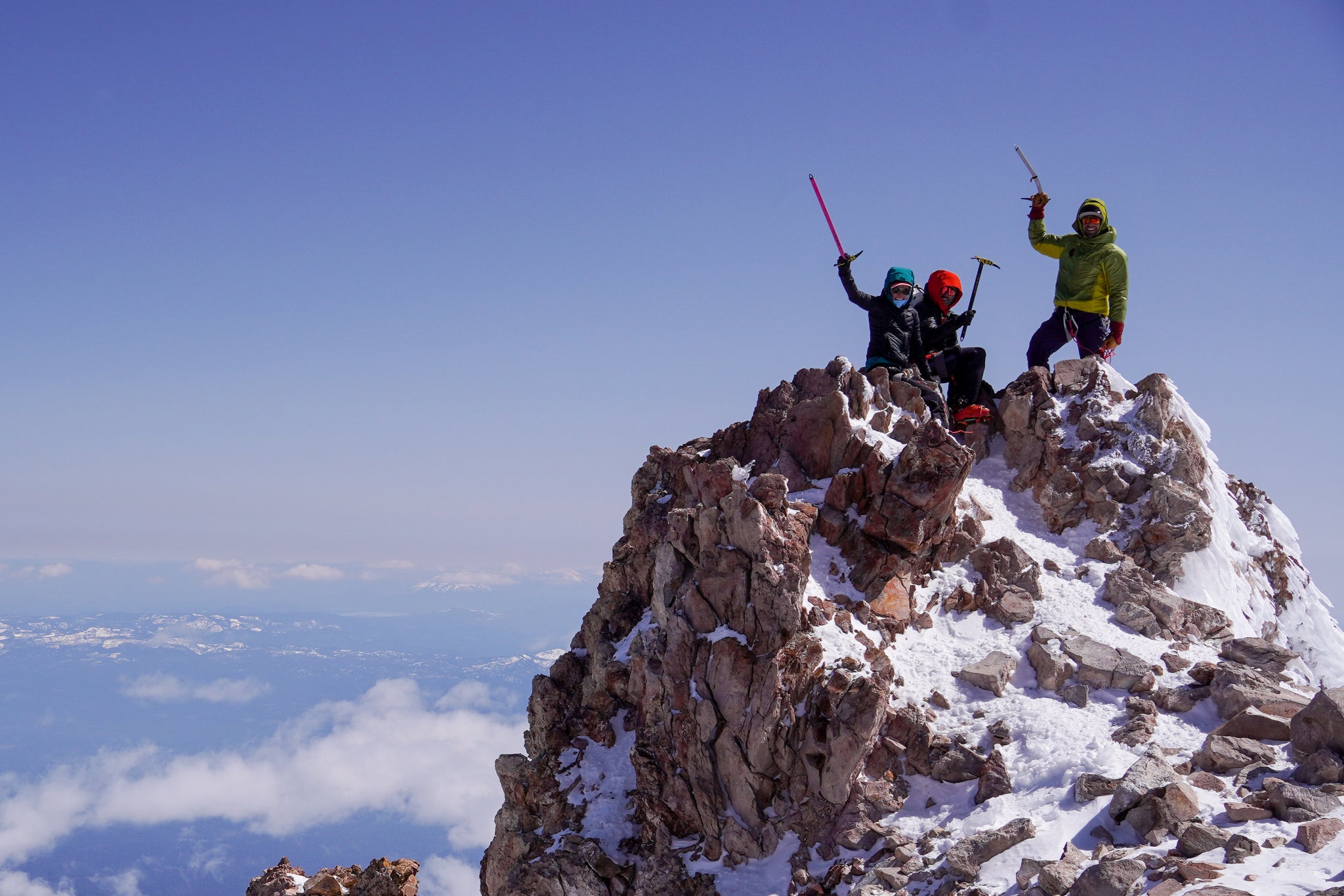 A Blackbird Mountain Guides' team on the summit of Mount Shasta this week after testing current climbing conditions on the avalanche Gulch route