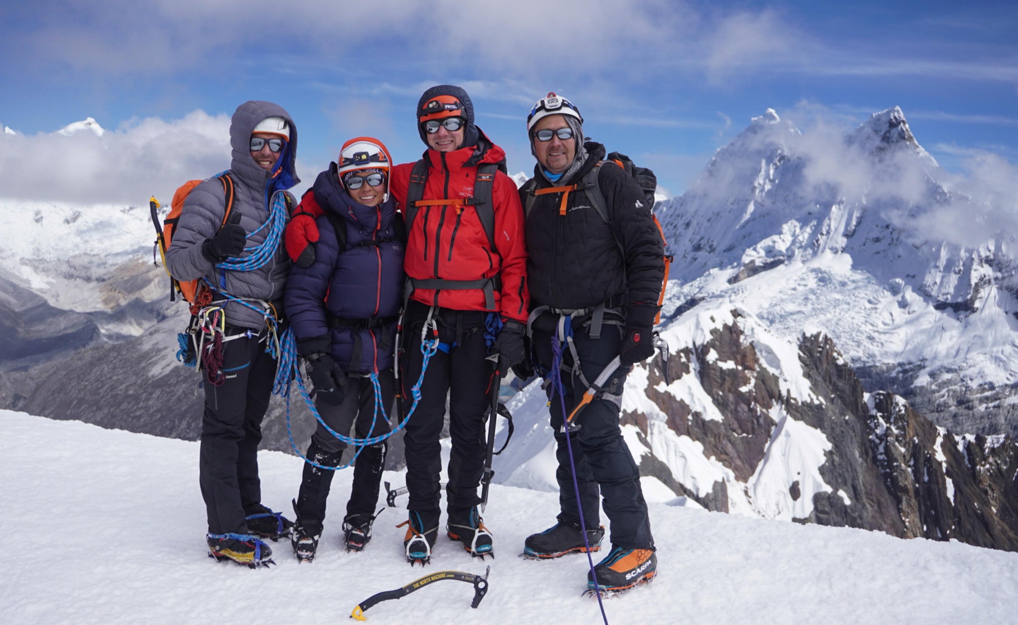 Blackbird Mountain Guides Team on the summit of Yanapacha in the Cordillera Blanca in Peru