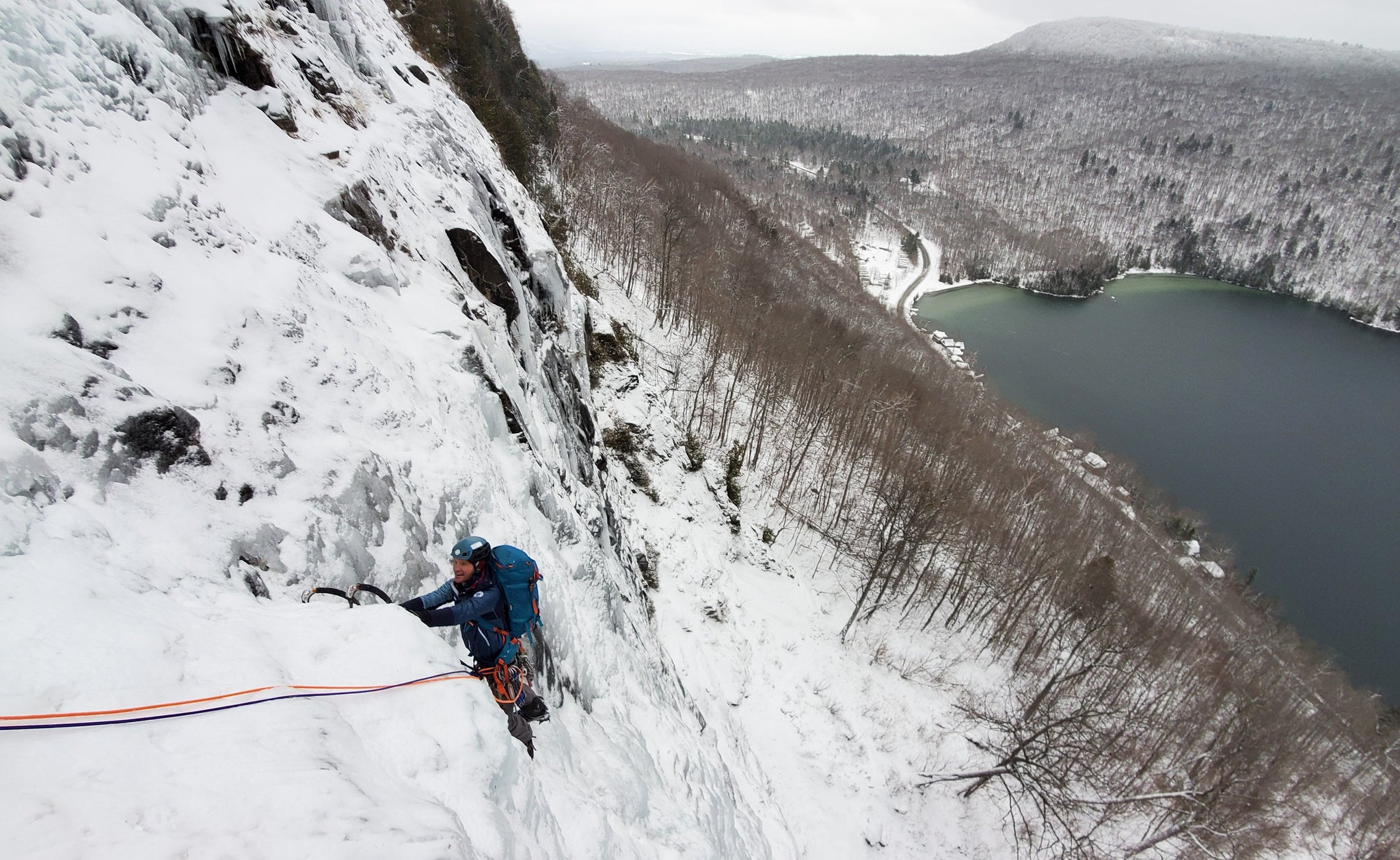 Adventure Spirit Guide Kel Rossiter follows a pitch of ice climbing at Lake Willoughby in Vermont
