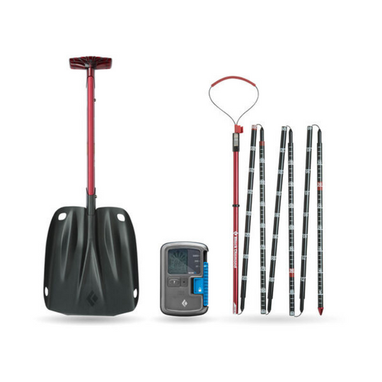 Avalanche gear rental options including a shovel, beacon, and probe