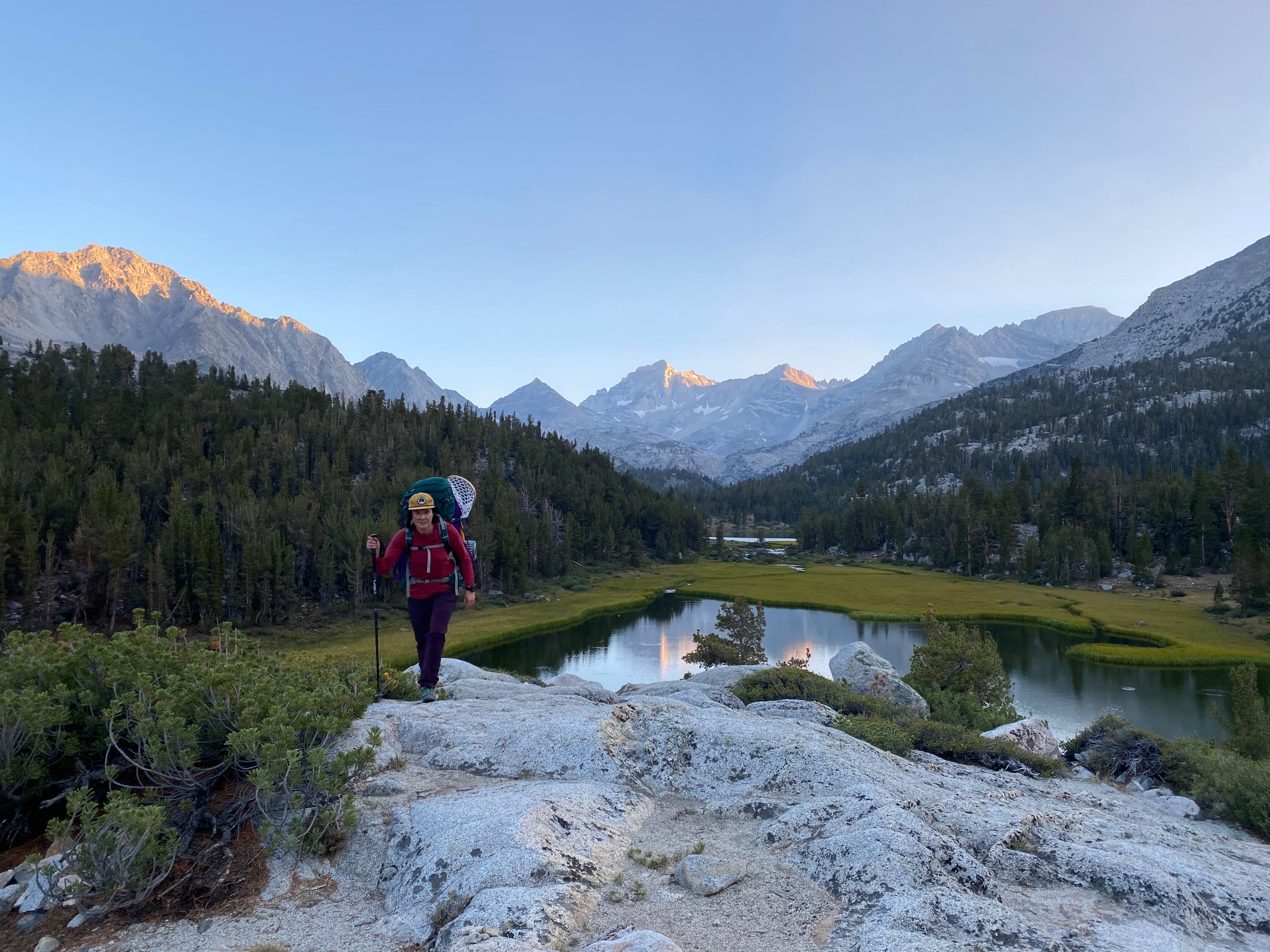 Backpacking in the Eastern Sierra in Little Lakes Valley at sunset