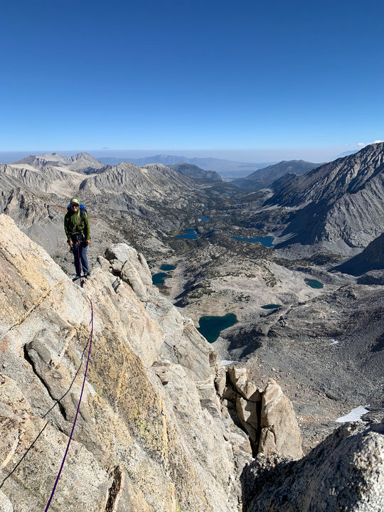 Exposure while rock climbing bear creek spire above little lakes valley in the eastern sierra of california