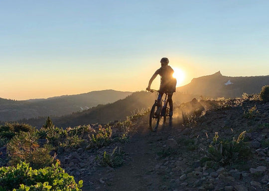 Mountain Biking on the Donner Lake Rim Trail at sunset near Truckee, CA